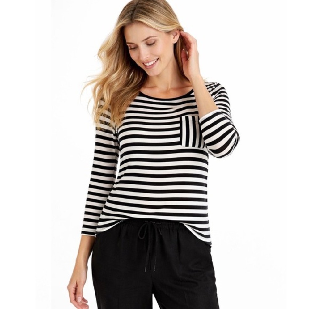 Loft Black Ivory Striped Roll Tab Sleeve Blouse‎ Pocket Top XS Preppy Chic 56-05
